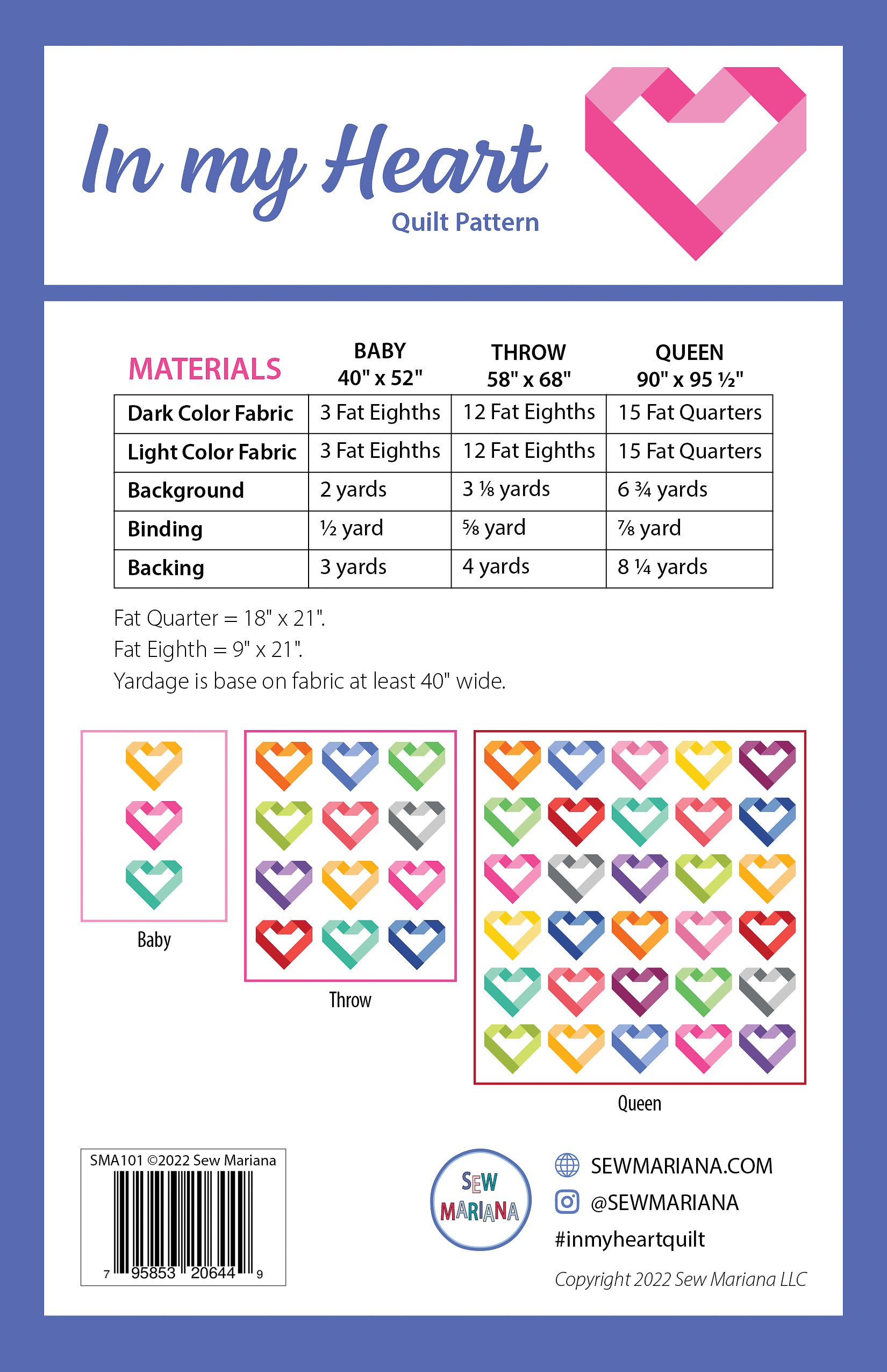 back cover of the in my heart quilt pattern with rainbow graphic of the baby, throw and queen size quilt and a list of the materials
