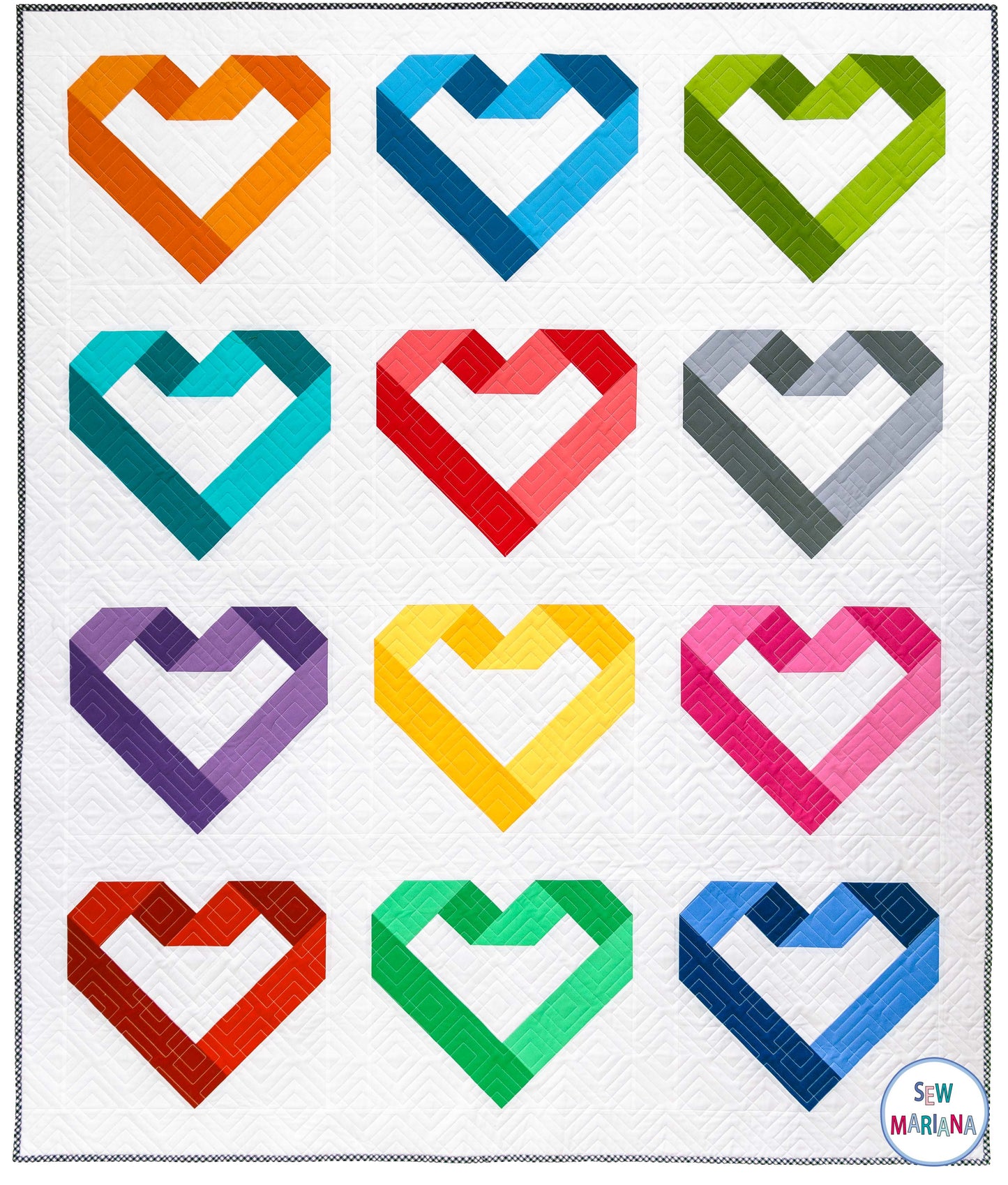 flat shot of the in my heart quilt with twelve heart blocks in rainbow colors and white background